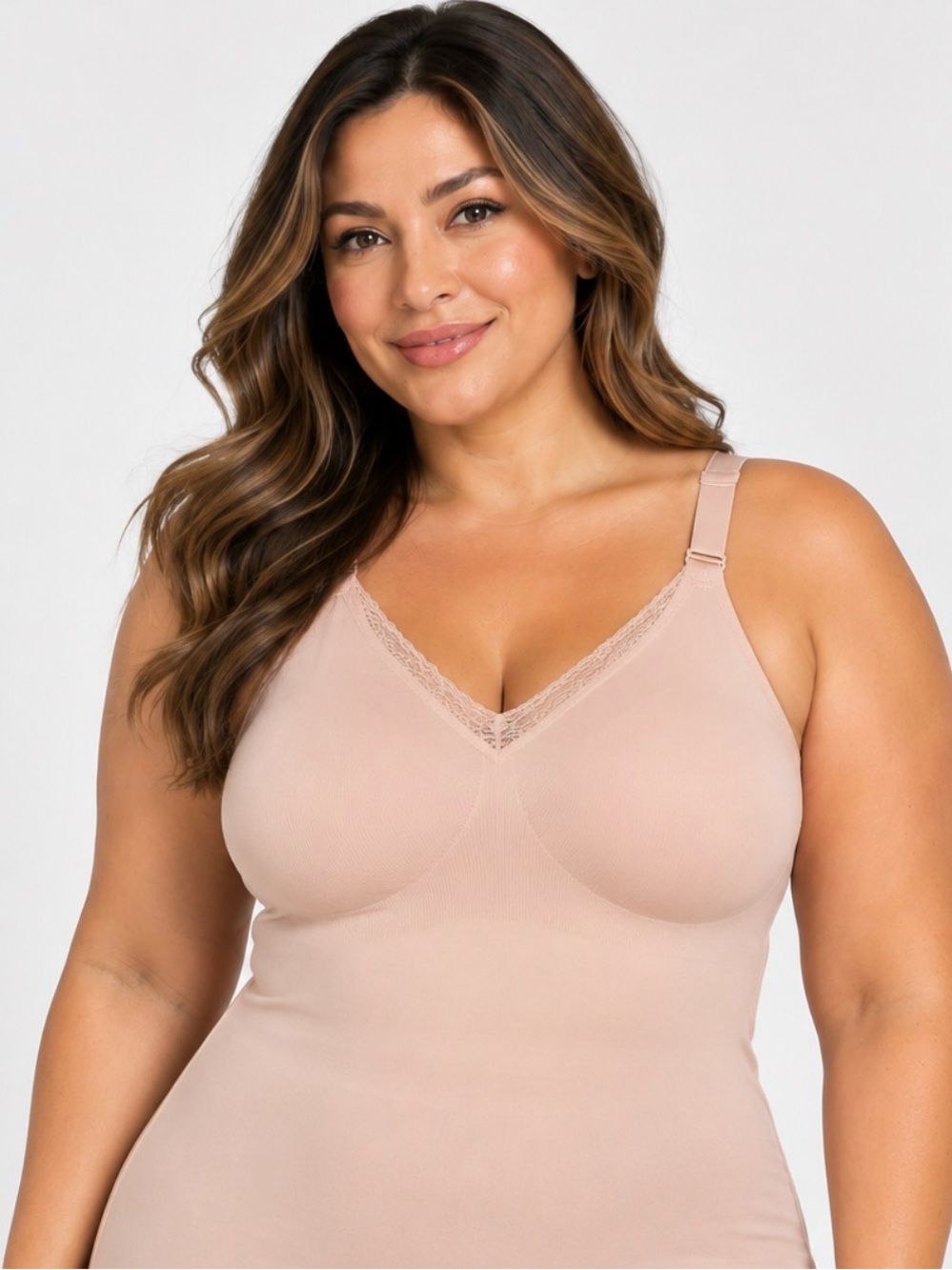 Evelyn & Bobbie Lace Trimmed V-Neck Seamless Bra Cami Himalayan Salt 2XL-A704715
